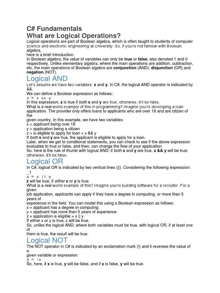 Logical Operation In C# | PDF | Boolean Algebra | Teaching Mathematics