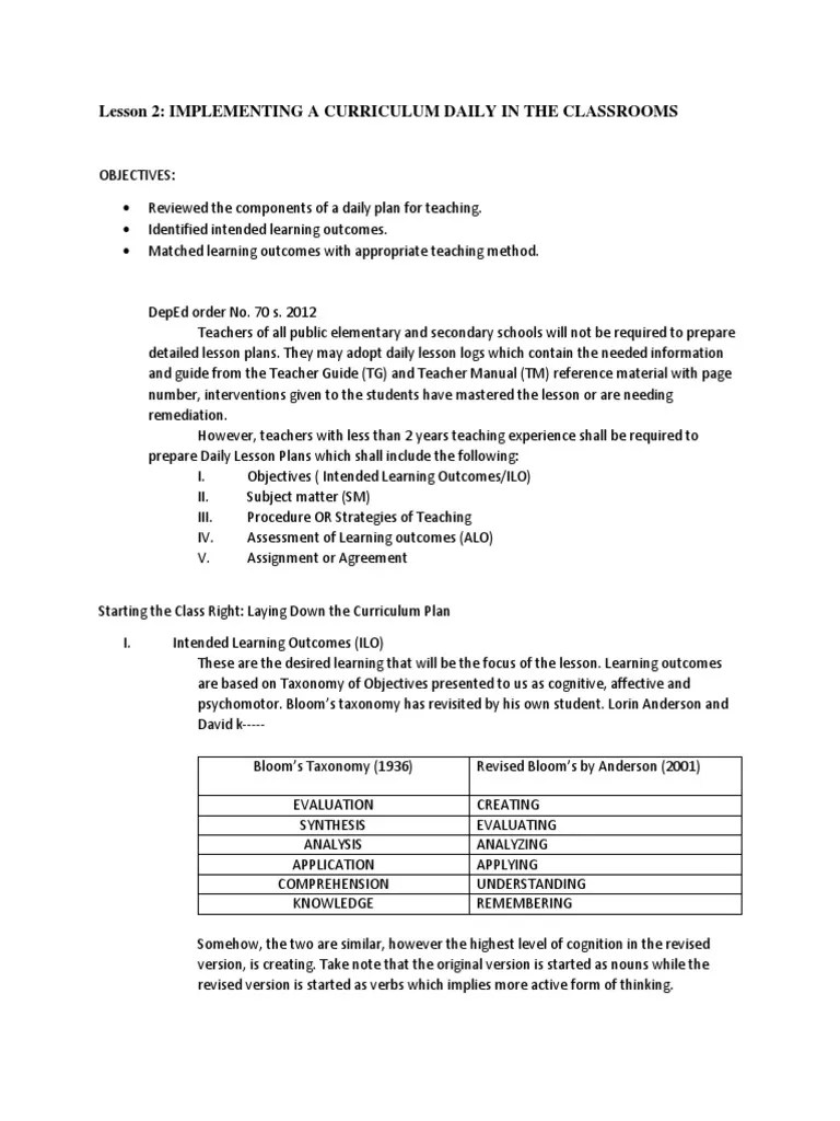 Lesson 2: Implementing A Curriculum Daily In The Classrooms | PDF ...
