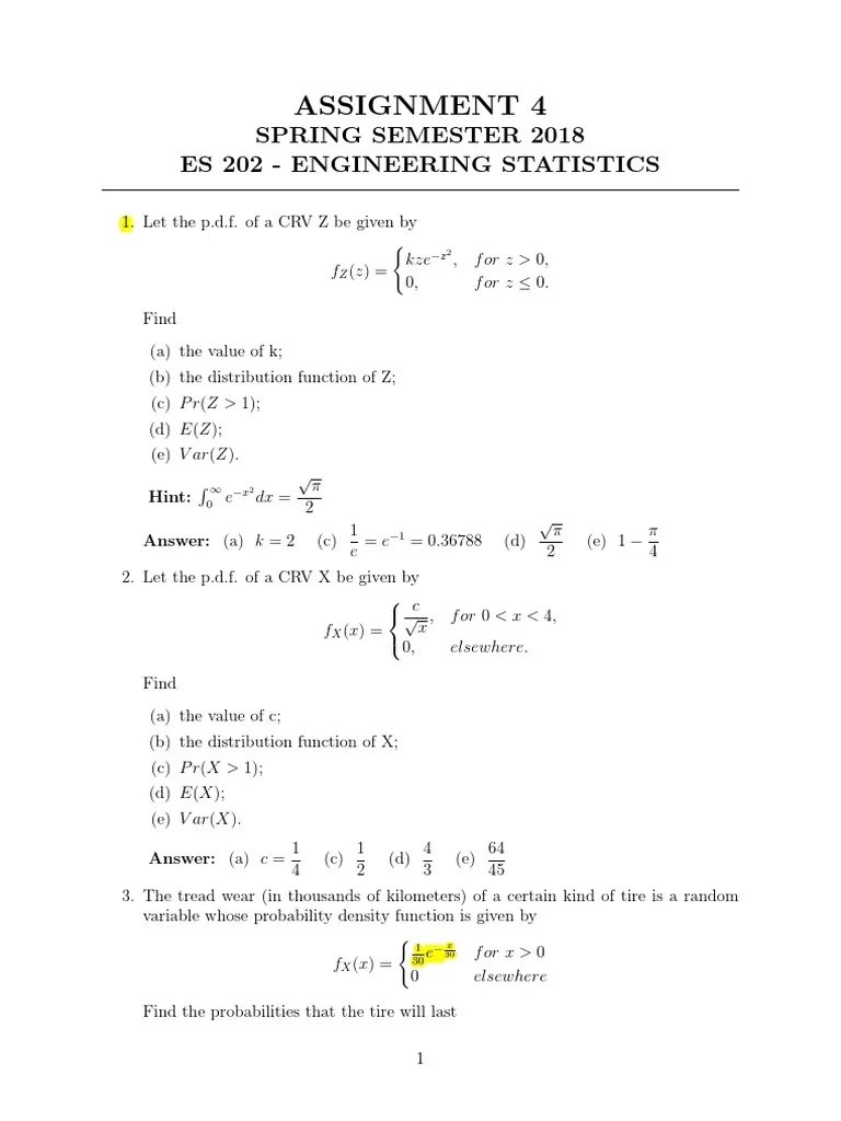 Assignment 4 - Engineering Statistics - Spring 2018 | PDF | Probability Density Function | Mode ...