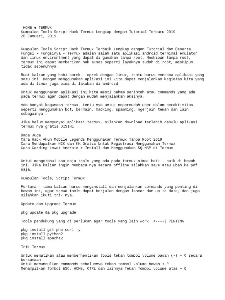 Termux adalah salah satu aplikasi android terminal emulator dan linux environtment yang dapat di gunakan tanpa root. Termux Pdf