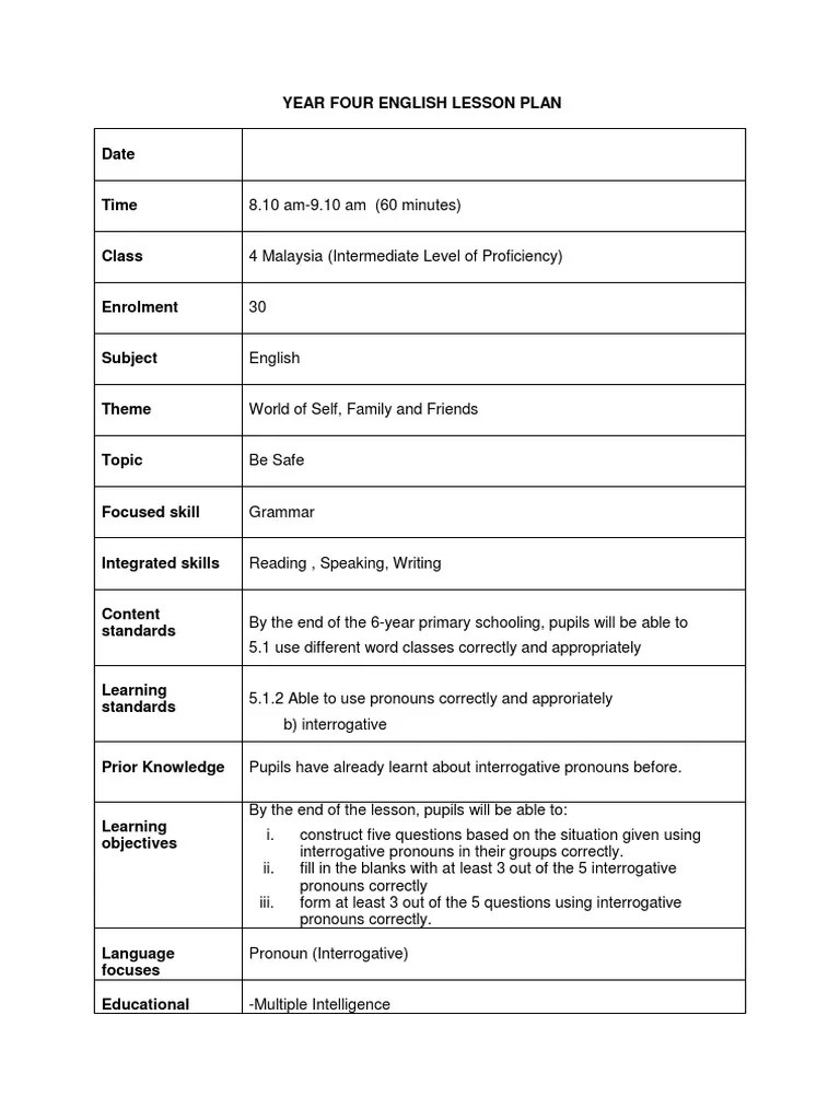 Year Four English Lesson Plan | PDF