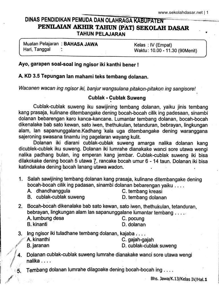 Download soal pas/uas bahasa indonesia kelas 7 semester 1 kurikulum 2013. Soal Ulangan Bahasa Jawa Kelas 4 Semester 2 Pdf