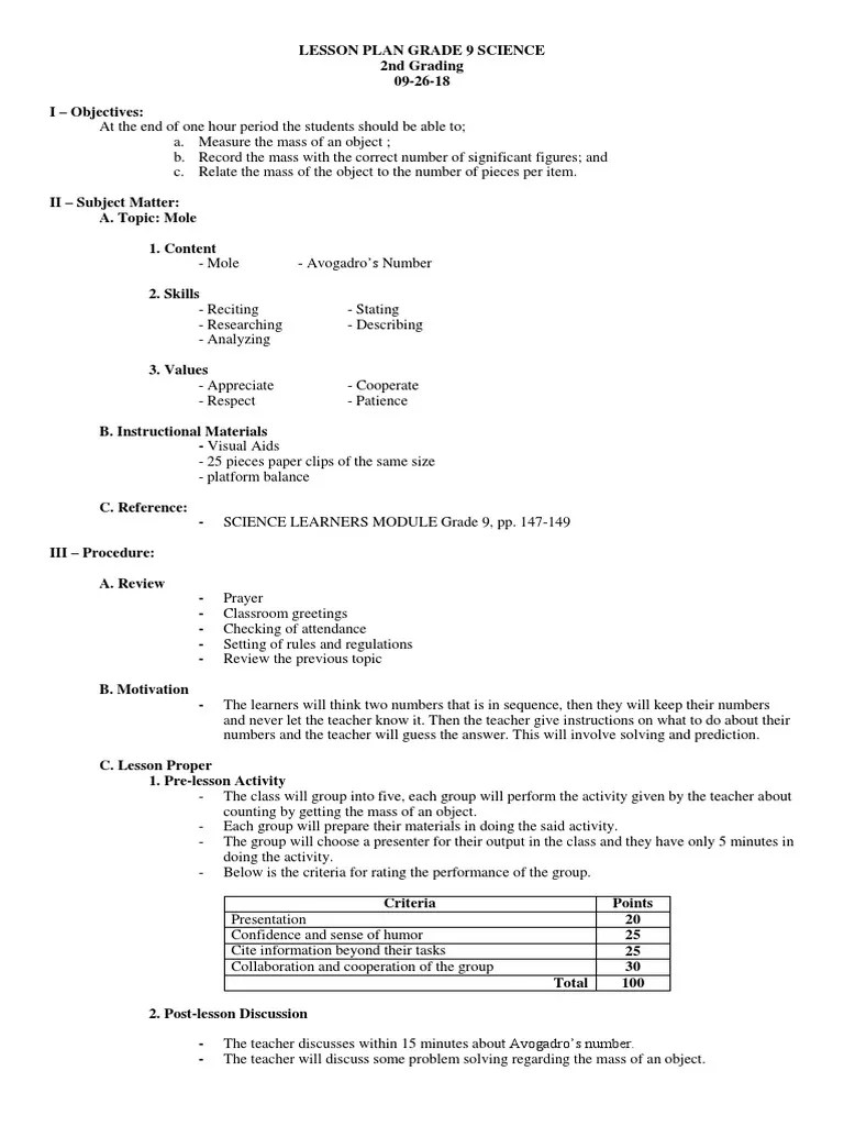 LESSON PLAN GRADE 9 SCIENCE.docx | Lesson Plan | Mole (Unit)