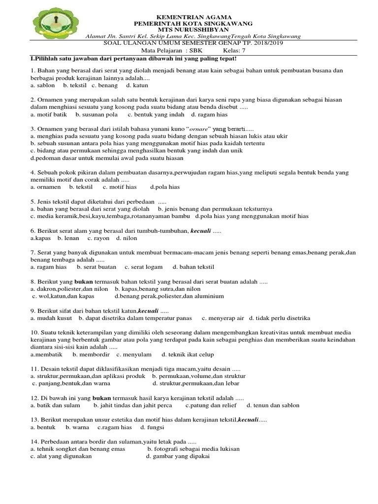 Soal SBK Kelas 7 2019 | PDF