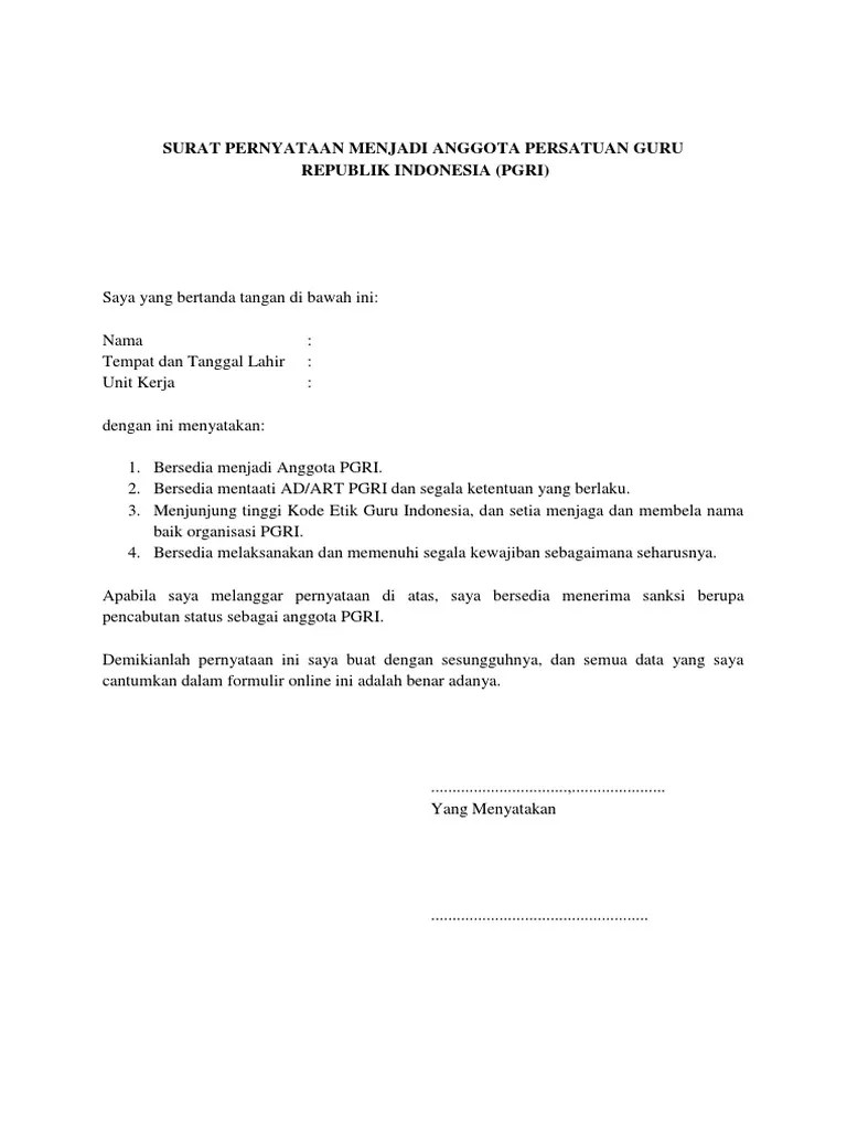 Surat pernyataan tidak berafiliasi secara kelembagaan dengan . Surat Pernyataan Anggota Pgri Pdf
