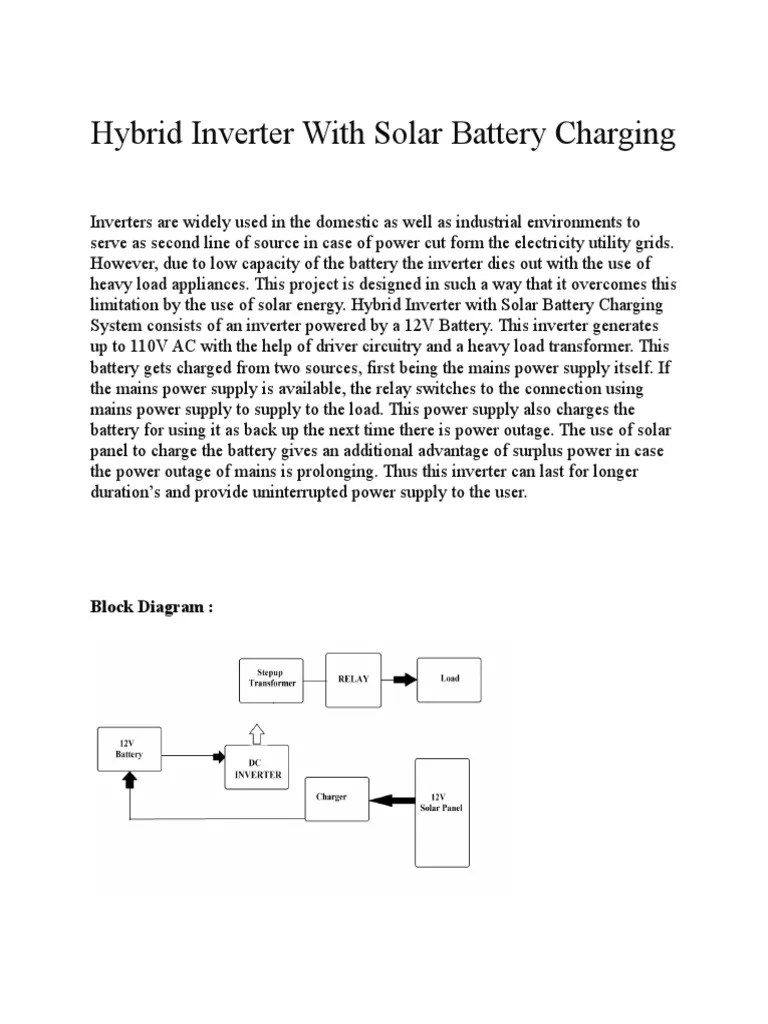 Hybrid Inverter With Solar Battery Charging: Block Diagram | PDF
