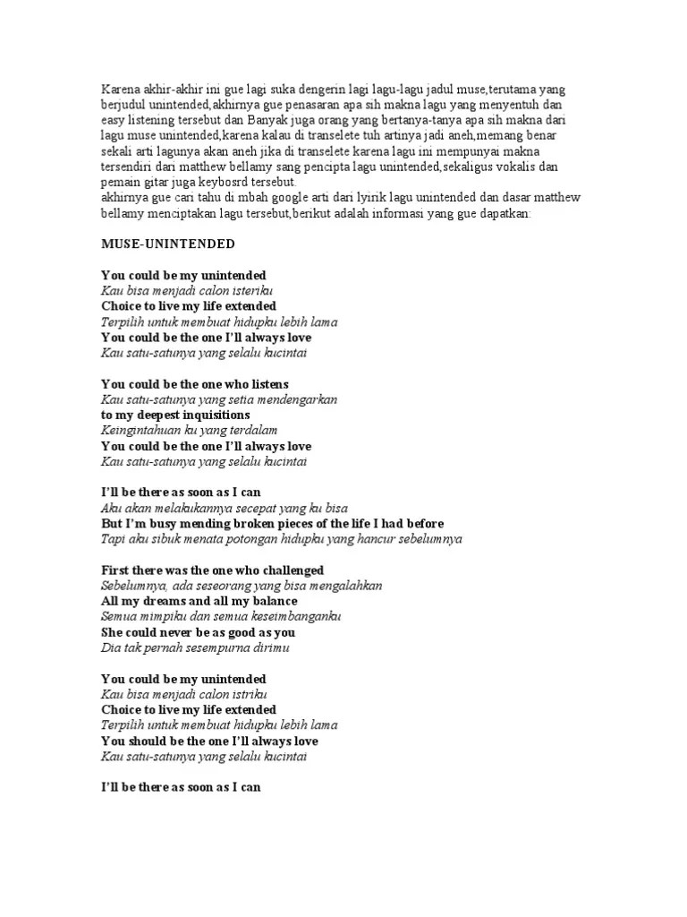 Arti Lagu Unintended Muse Lirik Penuh Makna Cinta Yang Galau Musik 11 Arti Lagu Unintended - Muse Lirik Penuh Makna Cinta yang Galau Oktober 09 2019 Posting Komentar Halo sobat Musik-11 kali ini kita akan membahas mengenai arti lagu Unintended milik Muse.