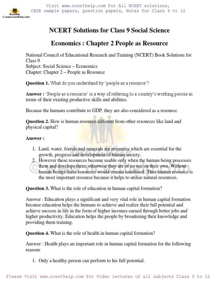 NCERT Solutions For Class 9 Social Science Economics: Chapter 2 People As Resource | PDF ...