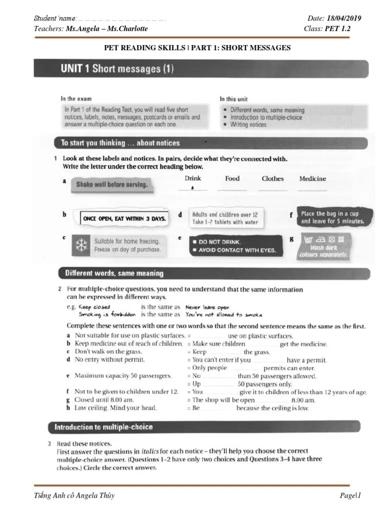 (18.04.2019) Pet1.2 - Pet Reading Skills Part 1 (Students) | PDF