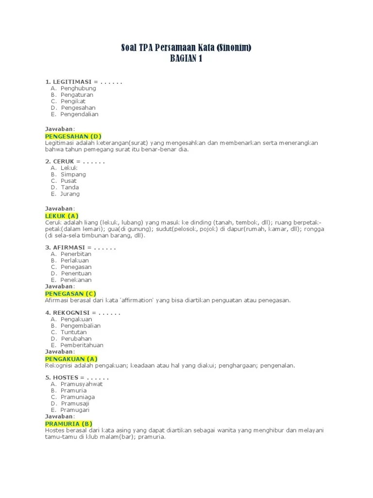 Doc Latihan Soal Tpa Verbal Dan Numerik Vai Kotegawa Academia Edu Unknown Sabtu 02 September 2017 Contoh Soal TPA Persamaan Kata Sinonim Tes Kemampuan Verbal.