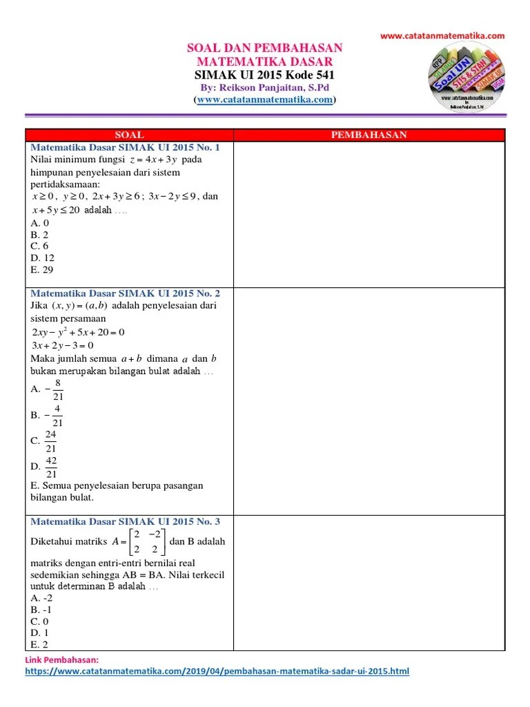 Pembahasan soal simak ui · kemampuan dasar (kd): Soal Matematika Dasar Simak Ui 2015 Kode 541 Pdf