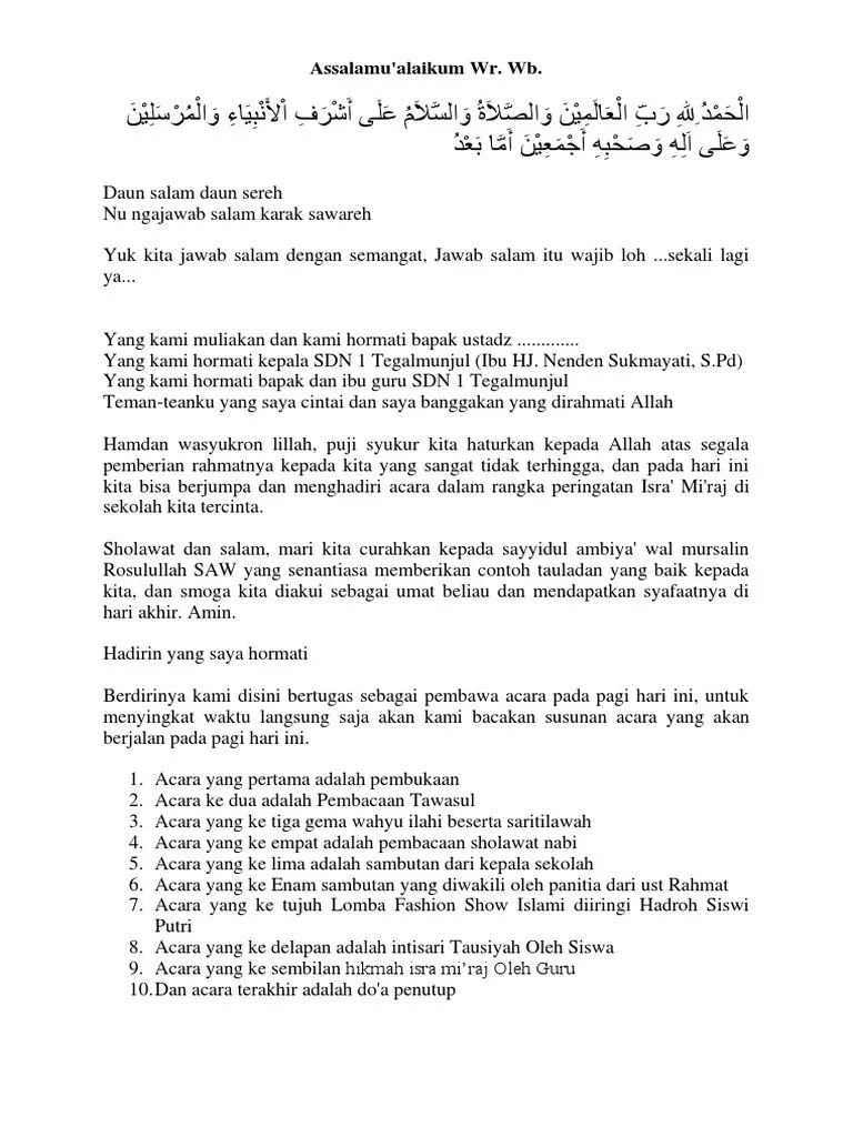 Isra berarti perjalanan di malam hari yang dilakukan nabi saw. Teks Pembawa Acara Mc Isra Mi Raj Di Sekolahan Pdf