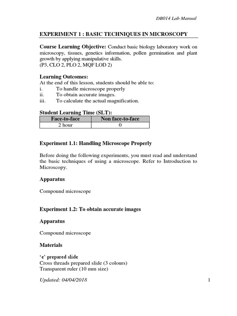 DB014 Lab Manual Microscopy Techniques | PDF | Lens (Optics) | Microscopy