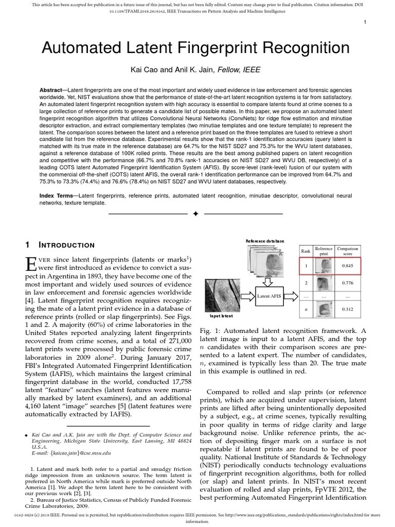Automated Latent Fingerprint Recognition: Kai Cao And Anil K. Jain ...