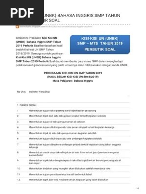 Dibawah ini adalah beberapa soal un smp atau mts untuk mata pelajaran b. Kisi Kisi Un Unbk Bahasa Inggris Smp Tahun 2019 Perbutir Soal Pdf