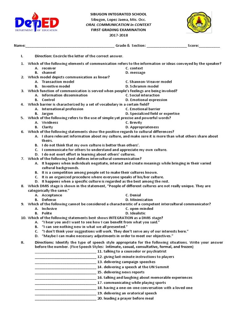 Oral Communication 1st Sem Exam | Conversation | Communication