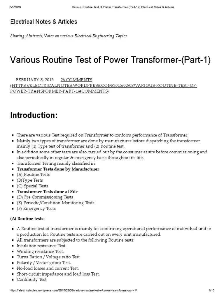 Various Routine Test Of Power Transformer - (Part-1) | PDF | Transformer | Electrical Resistance ...