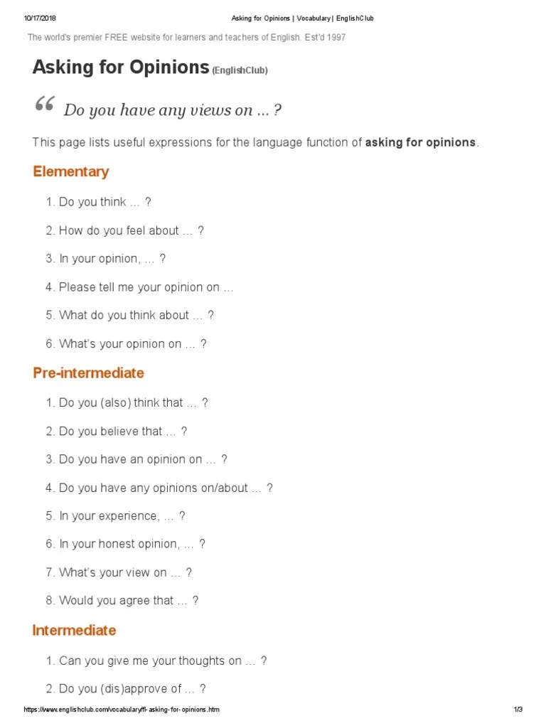 Asking For Opinions Phrases Guide Pdf Truth Philosophical Theories