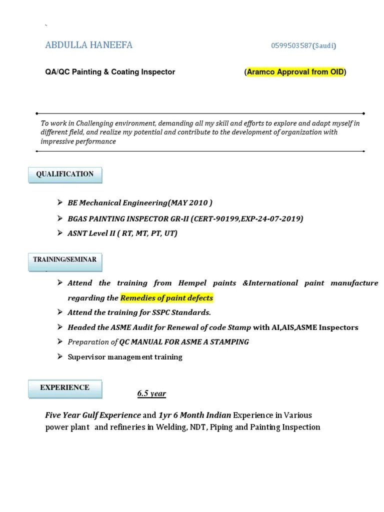 Abdulla Qaqc Painting Coating Inspector Docx Spesifikasi