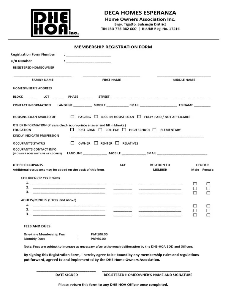 DHE HOA Membership Application & Registration Form | PDF | Business
