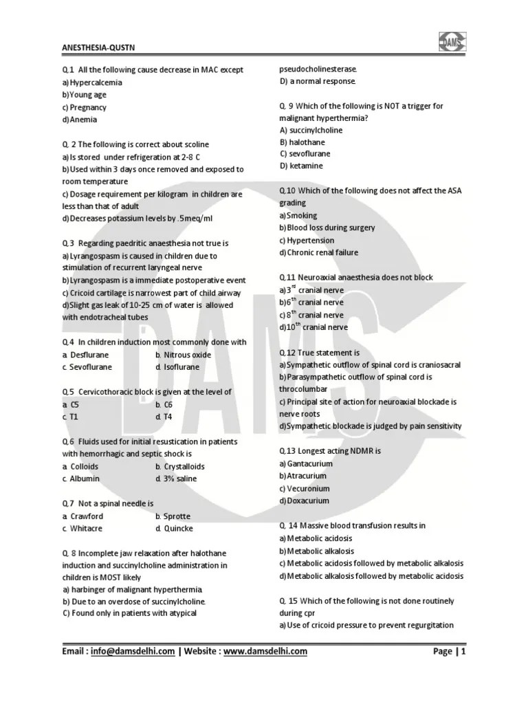 Anaesthesia MCQ | PDF | Anesthesia | Clinical Medicine
