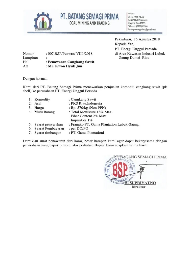 Jangan lupa juga untuk distempel ya. Surat Penawaran Cangkang Pdf