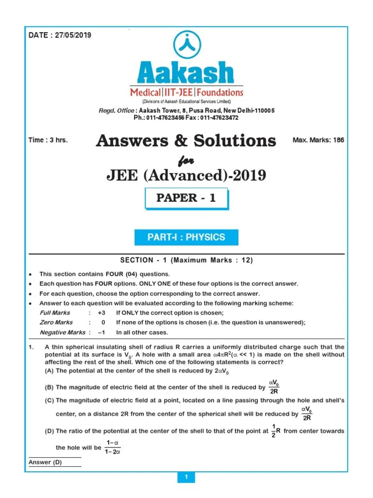 Answers & Solutions: JEE (Advanced) - 2019 | Download Free PDF | Lens ...