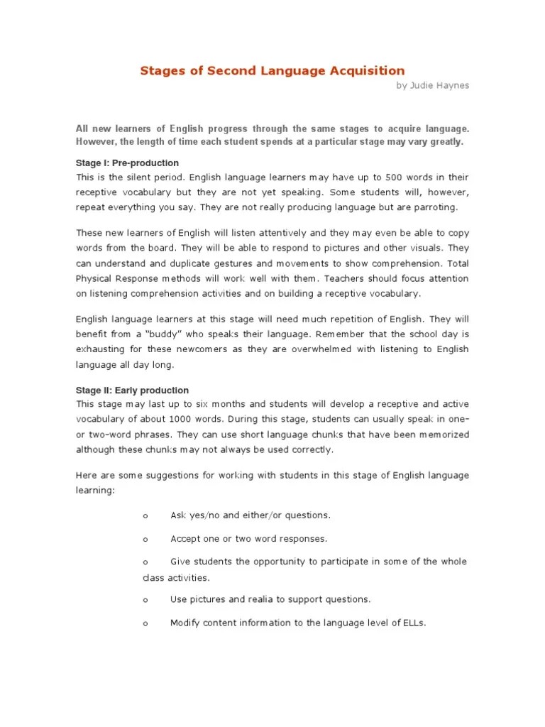 Stages Of Second Language Acquisition | PDF | Applied Linguistics ...