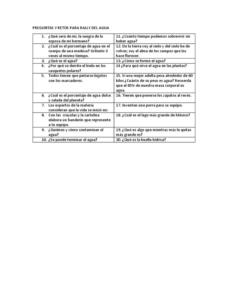 Personalízalo y compártalo en cualquier lugar. Preguntas Y Retos Para Rally Del Agua Pdf