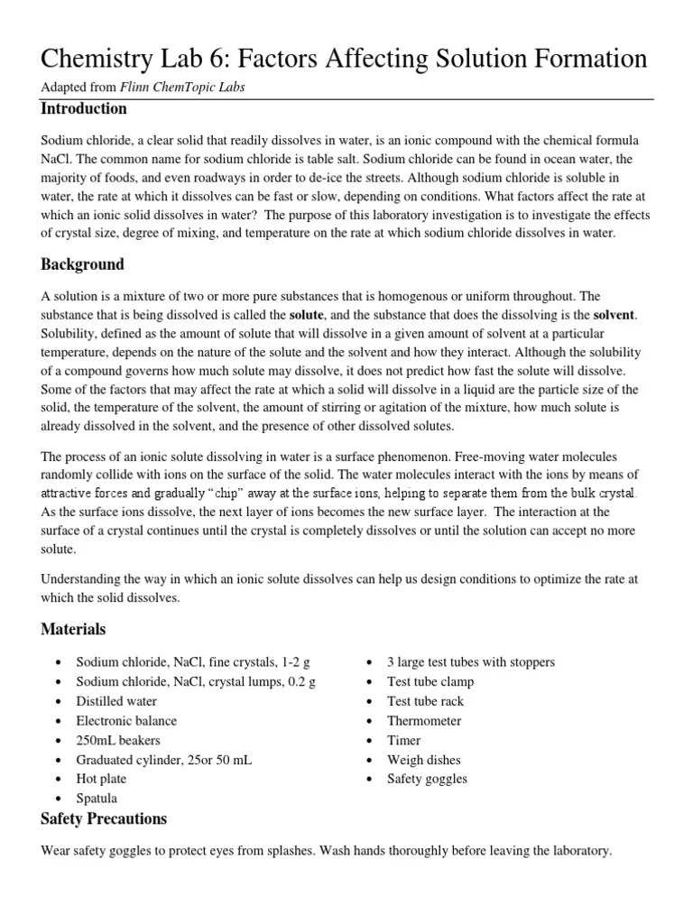 Chemistry Lab 6 Factors Affecting Solution Formation | PDF | Solution ...
