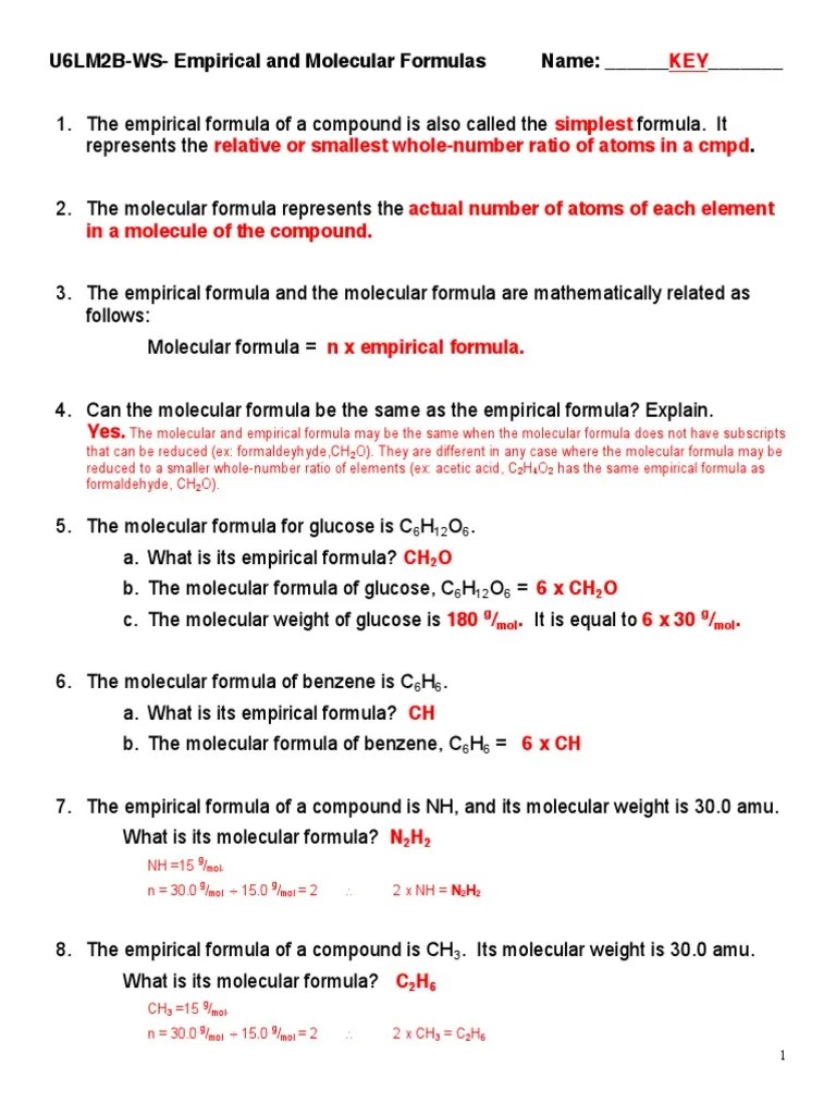 Empirical Molecular Formulas WKST KEY PDF | Download Free PDF | Mole ...