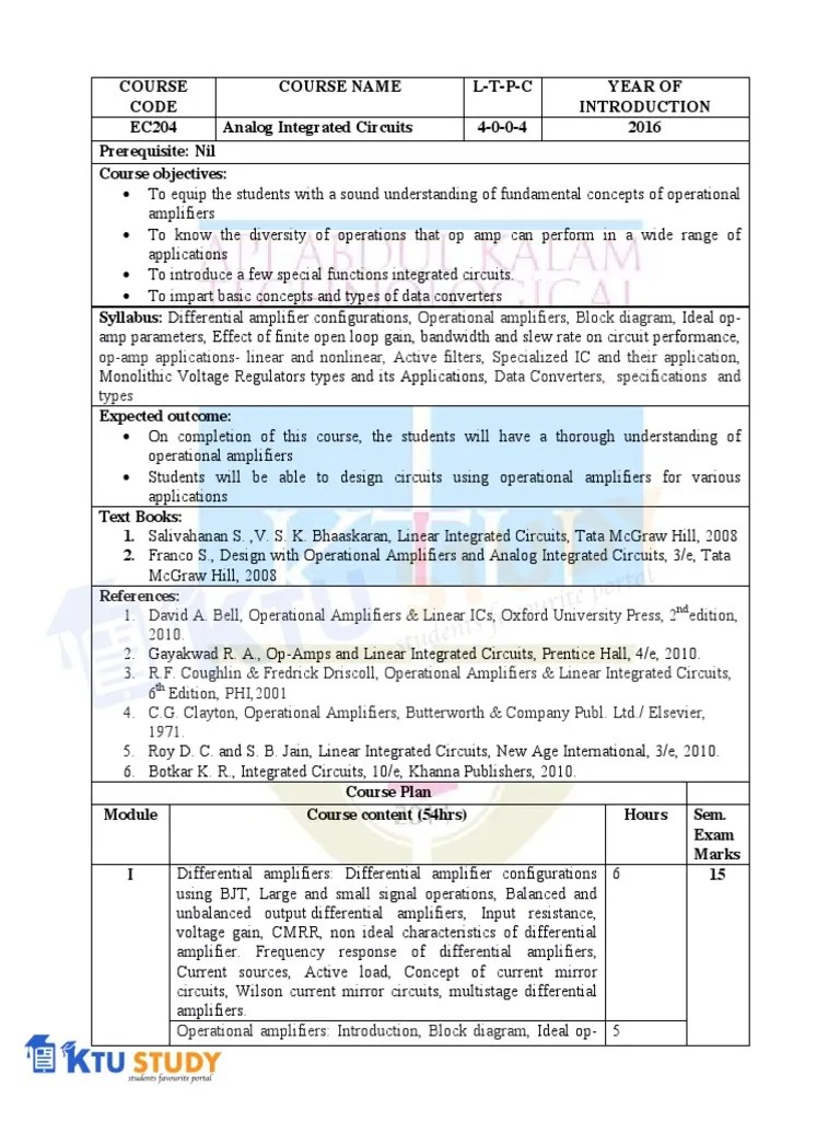 Analog Integrated Circuits S4 Syllabus Operational