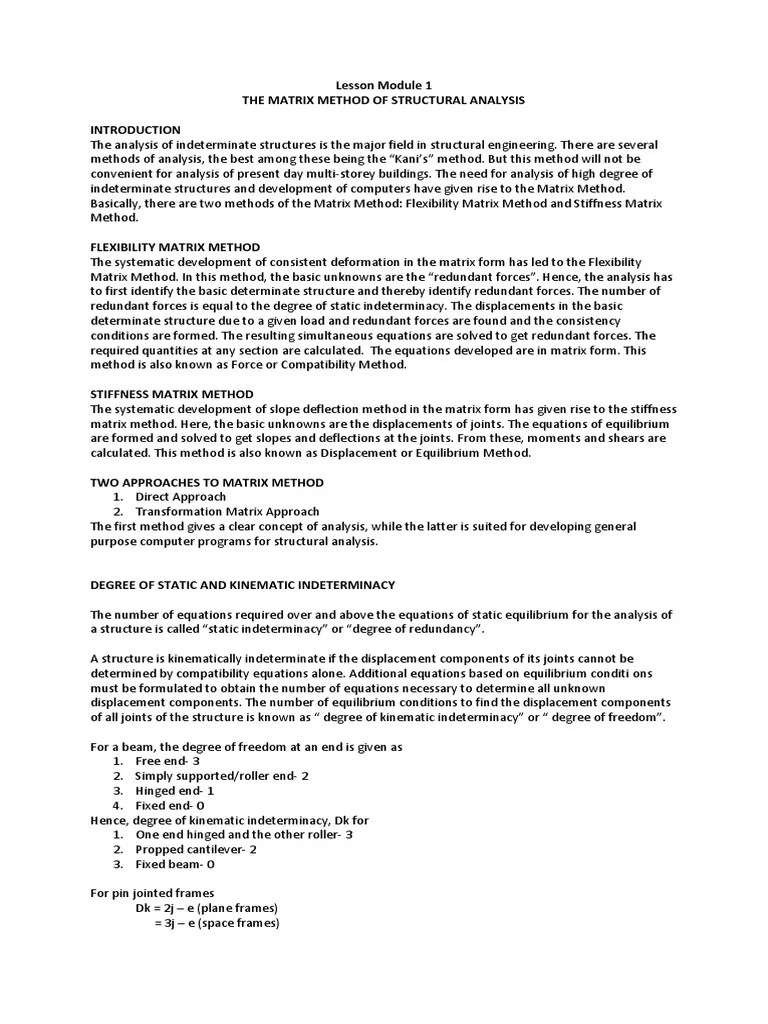 1 - Matrix Method Of Structural Analysis | PDF | Truss | Kinematics