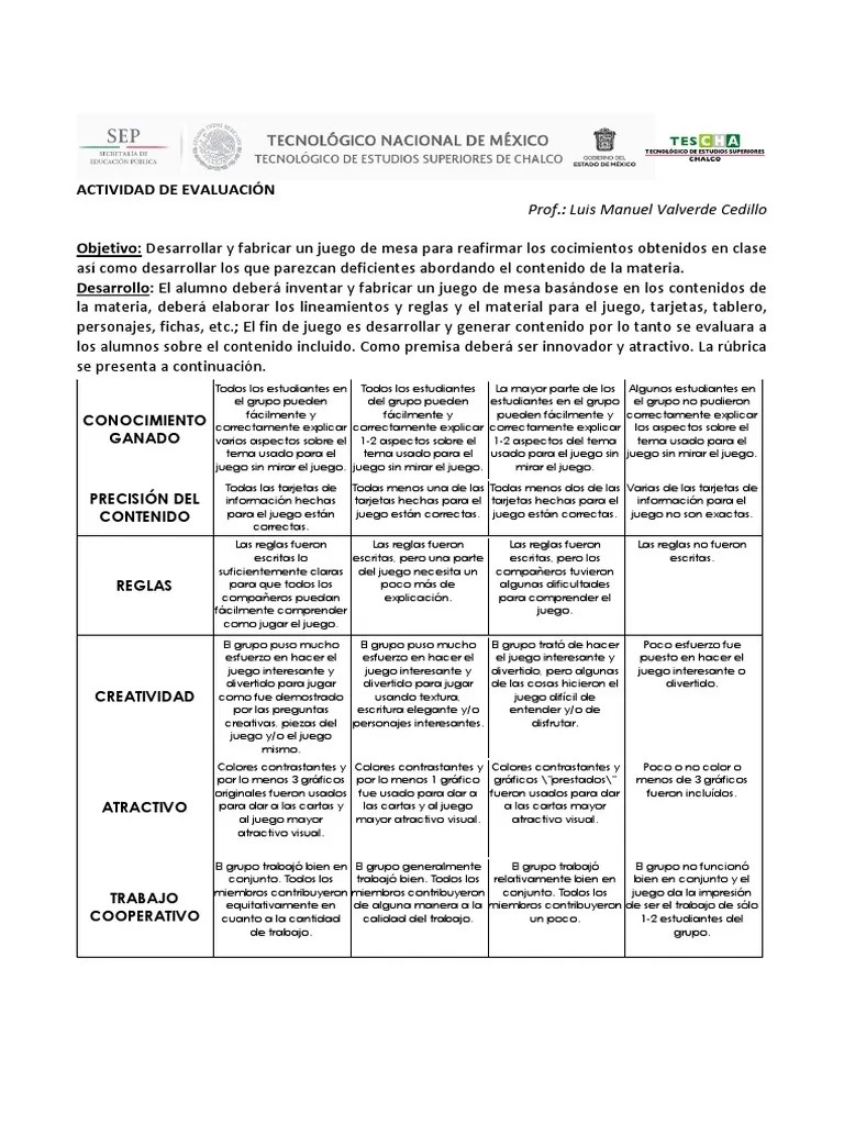 Rúbrica Para La Evaluación De La Creación De Un Juego De Mesa 1 | PDF | Ocio