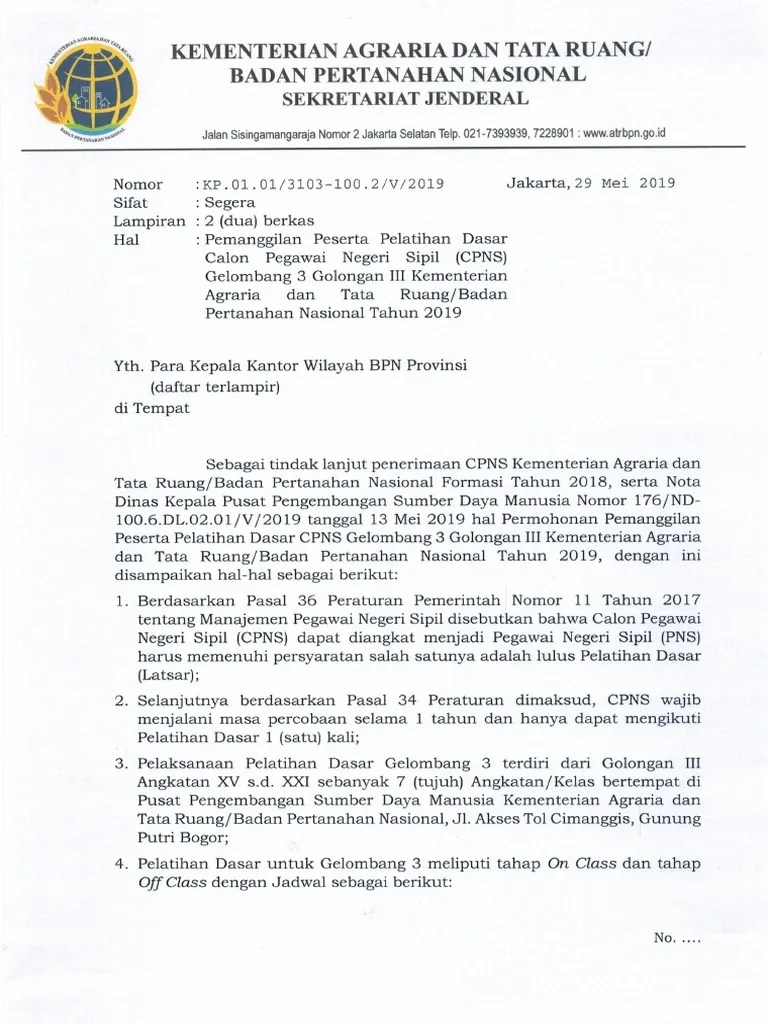 Sumber daya manusia kementerian agraria dan tata ruang/badan pertanahan nasional. Surat Pemanggilan Diklatsar Gelombang 3 Atr Bpn Pdf
