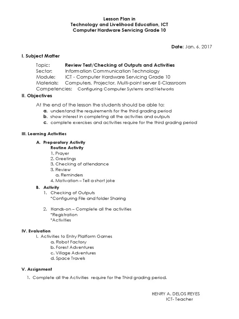 Lesson Plan In Technology And Livelihood Education Ict Computer