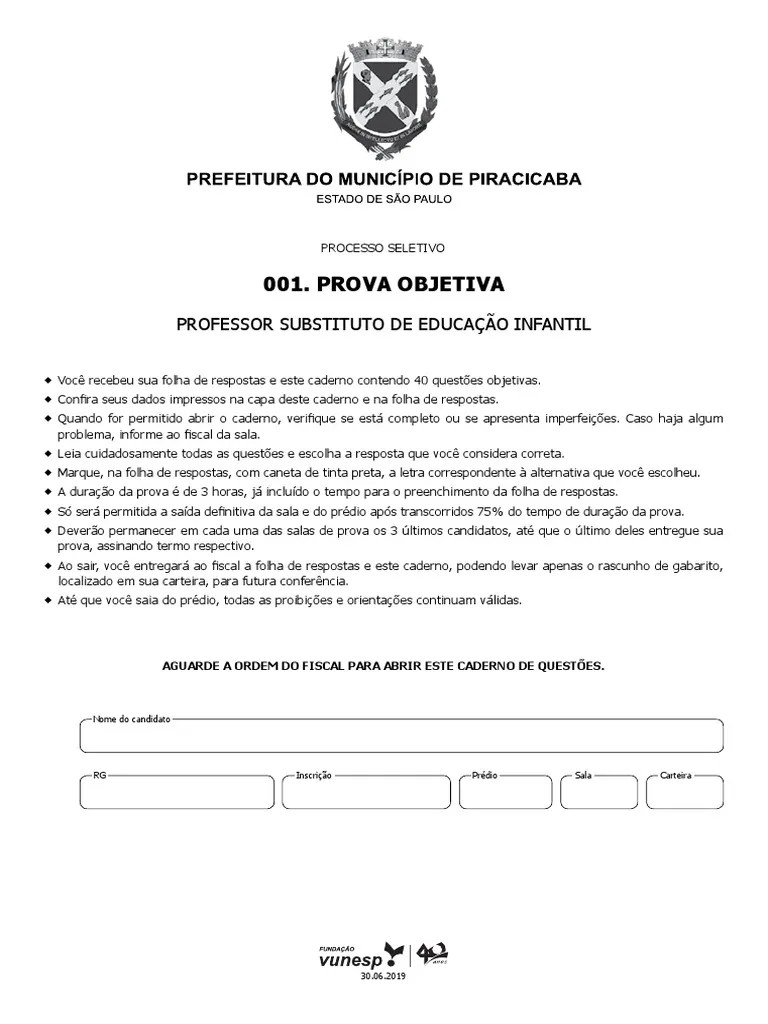 Prova Vunesp Professor Substituto | PDF | Pré-escola | Science