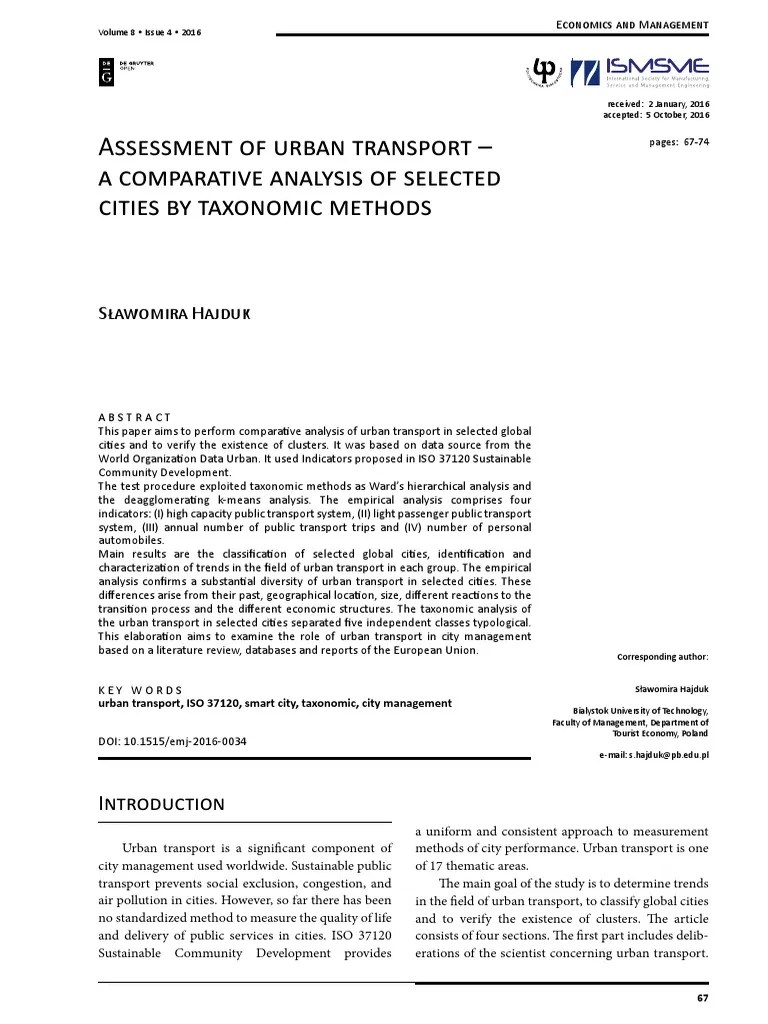 Assessment Of Urban Transport - A Comparative Analysis Of Selected Cities By Taxonomic Methods ...