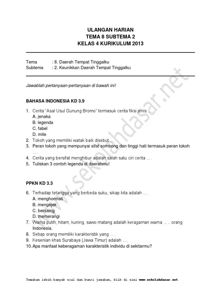 Contoh file download contoh soal uts semester 1 tahun 2015 untuk sd semua kelas berikut ini adalah . Ulangan Harian Kelas 4 Tema 8 Subtema 2 Pdf Pdf