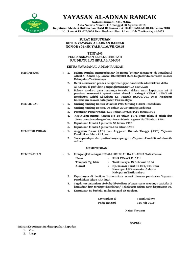 Contoh Surat Keputusan Yayasan Tentang Pengangkatan Kepala Sekolah Free Download Images 