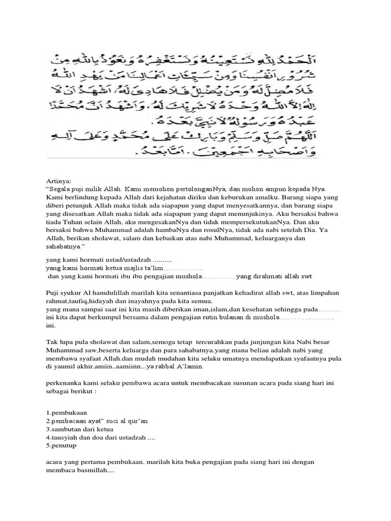 Perkenankan kami selaku pembawa acara untuk membacakan susunan acara pada pagi hari ini, sebagai berikut : Naskah Mc Pengajian Rutin Pdf