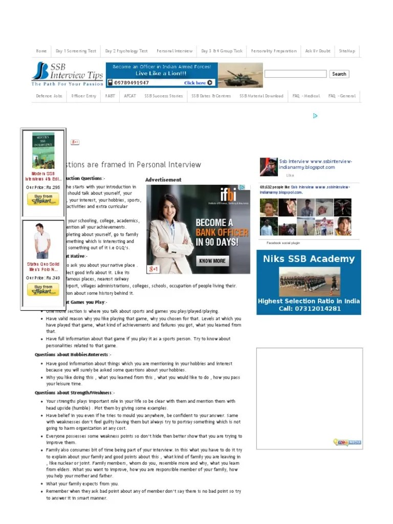 SSB Interview Tips And Army Officer Selection Board Tips - How Questions Are Framed In Personal ...