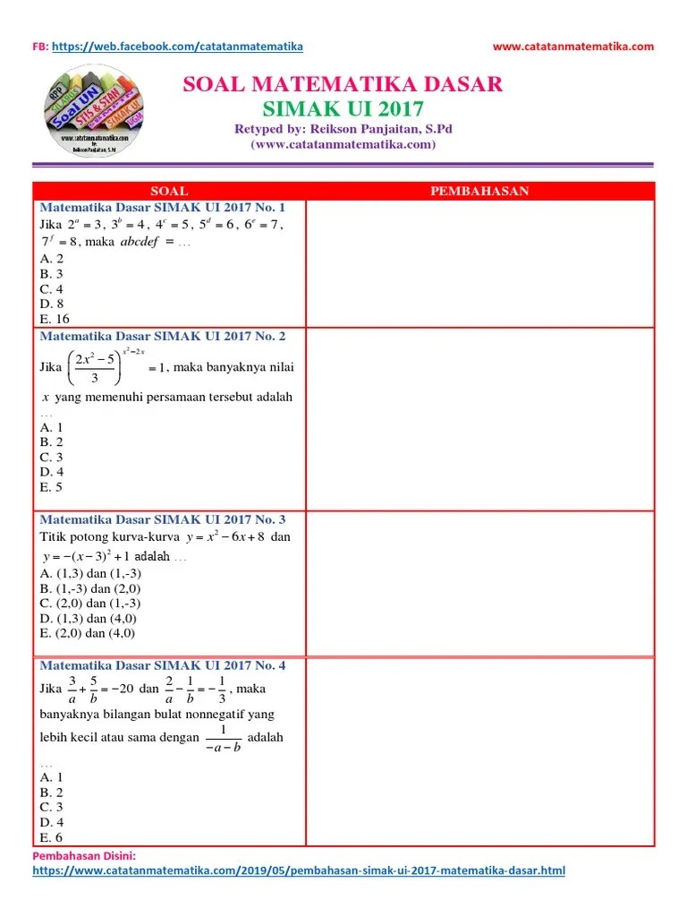 Jawaban ini bukan jawaban panitia. Soal Matematika Dasar Simak Ui 2017