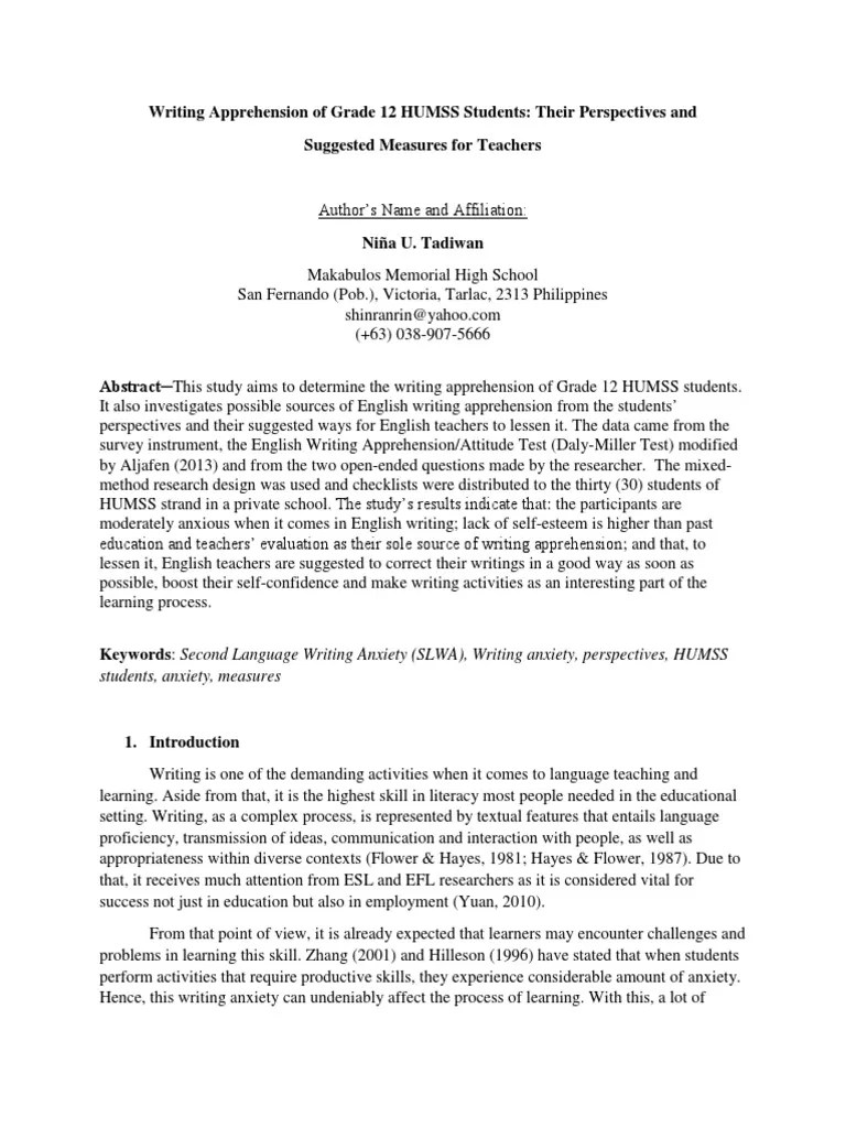 Second Language Writing Anxiety Among Grade 12 HUMSS Students | PDF ...