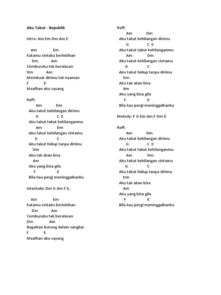 (intro) katamu cintaku berlebihan cemburu ku tak beralasan membuat dirimu tak nyaman maafkan aku sayang. Aku Takut Chord Pdf