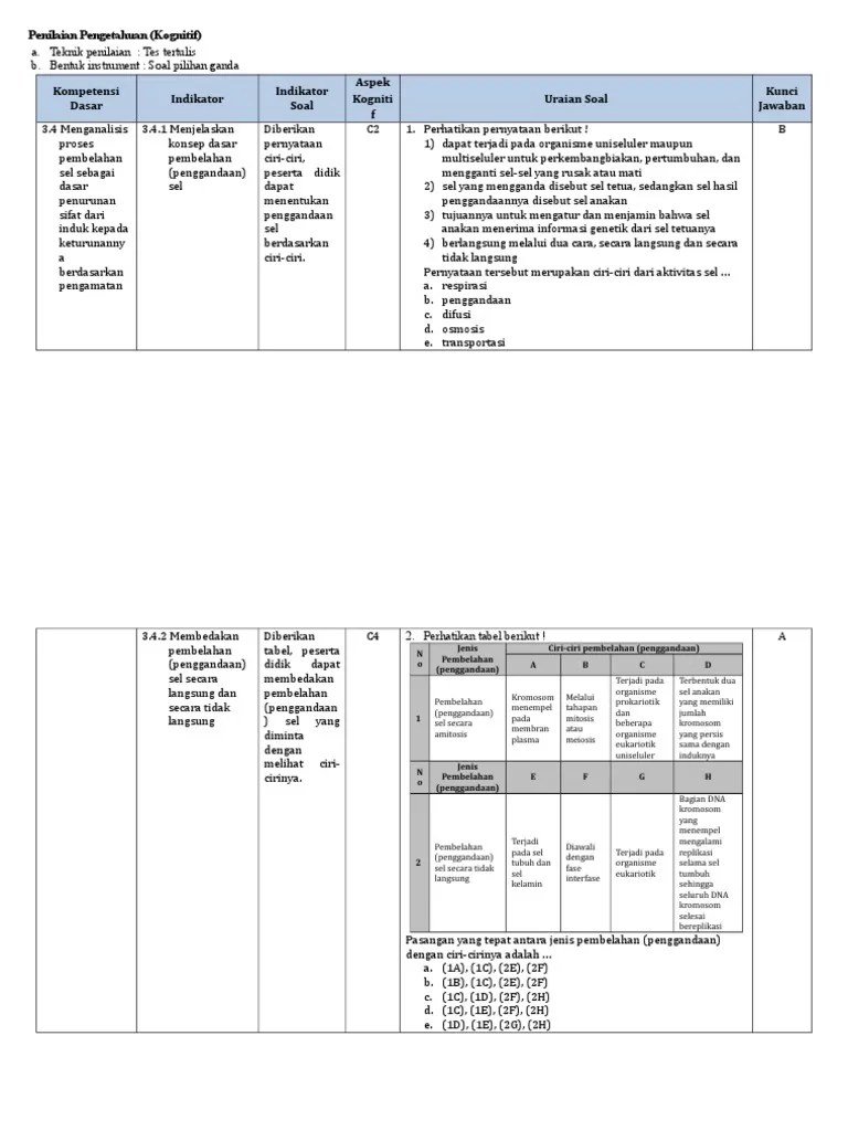 Pada mitosis sitokinesis terjadi diakhir tahap telofase, . Instrumen Penilaian Kognitif Pdf