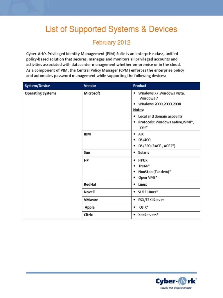 Cyberark cpm-supported-devices datasheet pdf