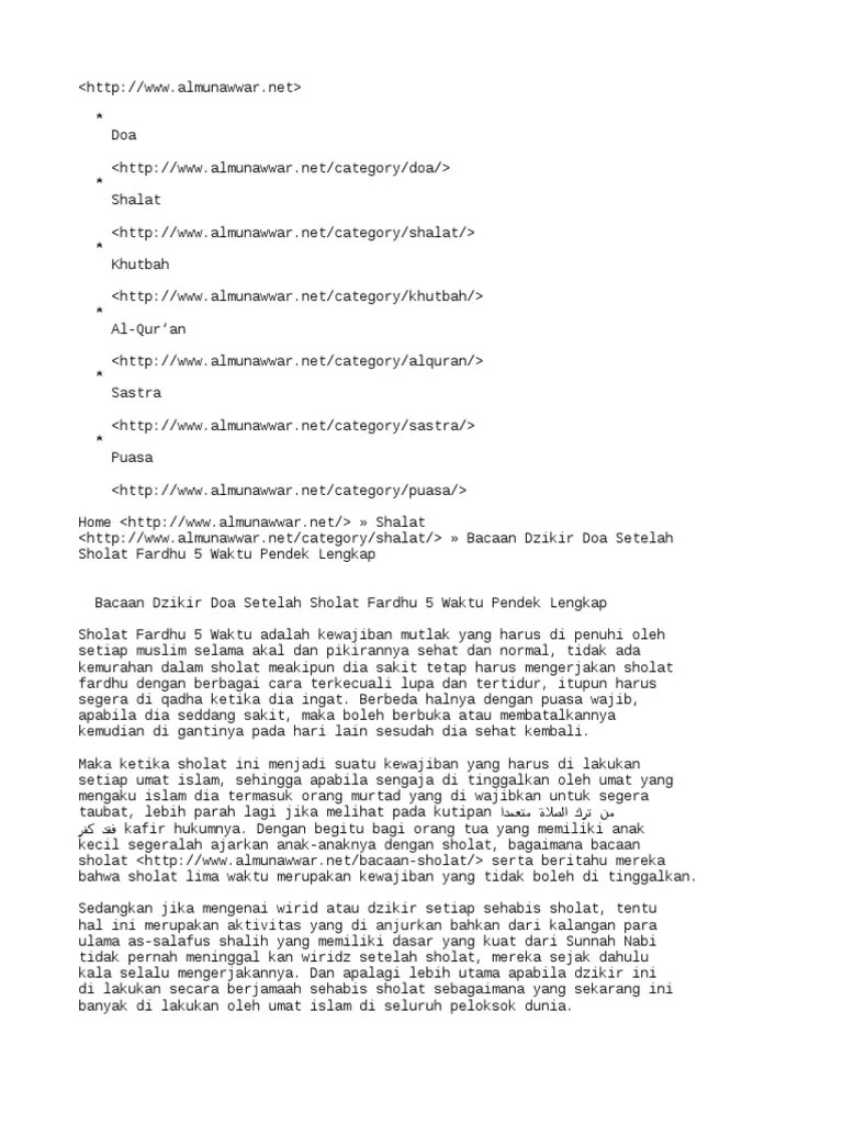 Bacaan Dzikir Doa Setelah Sholat Fardhu 5 Waktu Pendek Lengkap | PDF