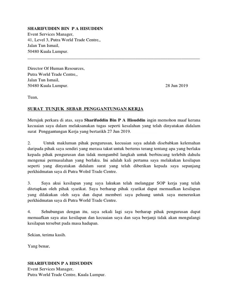 Contoh Surat Tunjuk Sebab Tak Hadir Kerja Lewat Ke Tempat Kerja Tak Hadir Kursus Lain Lain Edu Bestari 