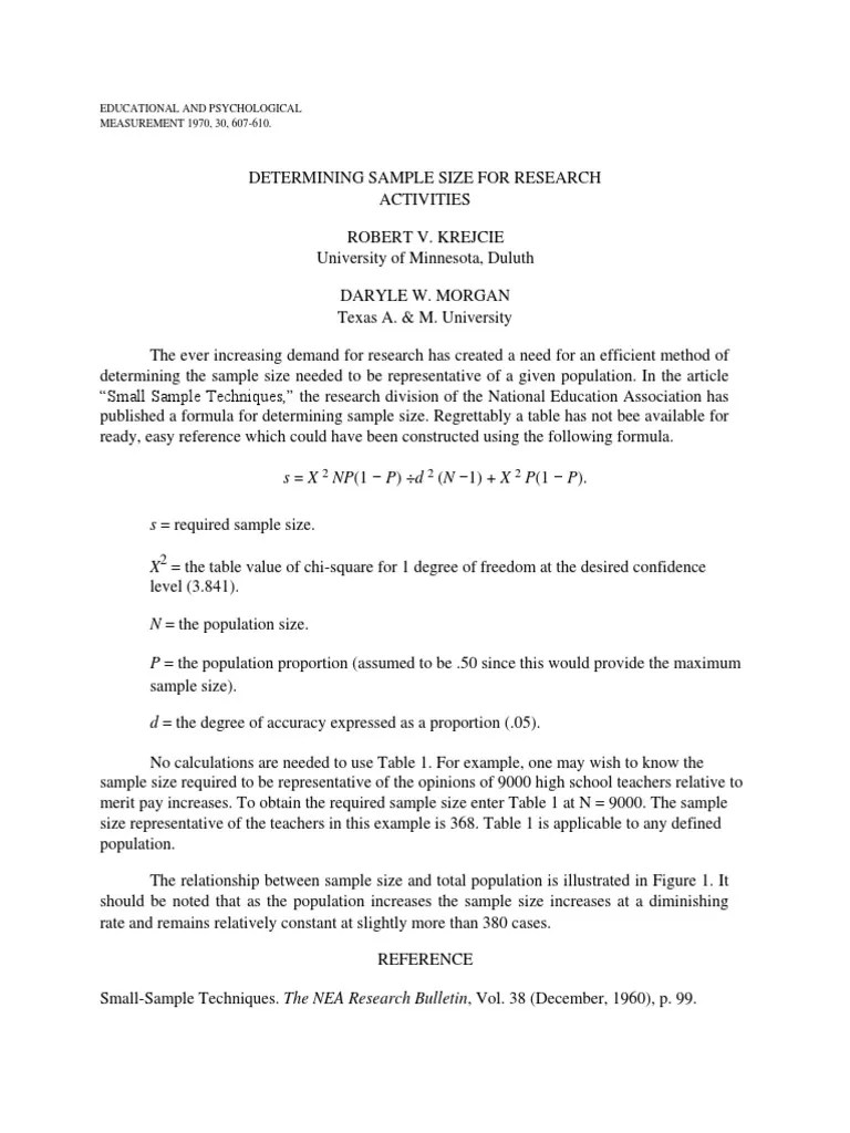 The ever increasing need for a representative statistical sample in empirical research has created the demand for an effective method of . Krejcie Morgan Pdf Sample Size Determination Scientific Method